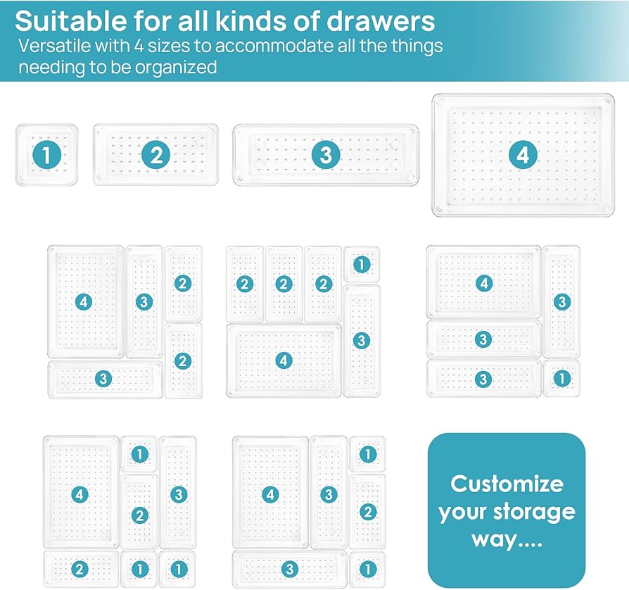 Vtopmart 25 PCS Clear Plastic Drawer Organiser Set, 4 Size Versatile Bathroom and Vanity Desk Organizer Trays for Makeup, Bedroom, Kitchen and Office — image 5