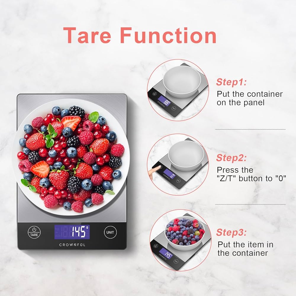 CROWNFUL 15Kg Food Scale, Rechargeable 304 Stainless Steel Digital Kitchen Scale Grams and Ounces with LCD Display and Type-C Charging for Baking and Cooking — image 6