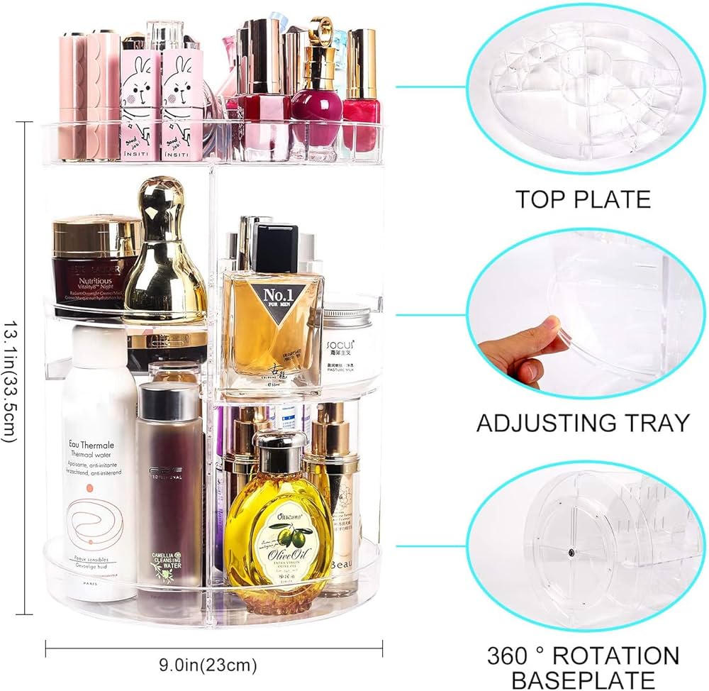 sanipoe 360 Degree Spinning Makeup Organizer, sanipoe Adjustable Carousel Round Rotating Storage Stand Rack, Large Capacity Ondisplay Shelf Cosmetics Best for Countertop and Bathroom, Clear — image 4