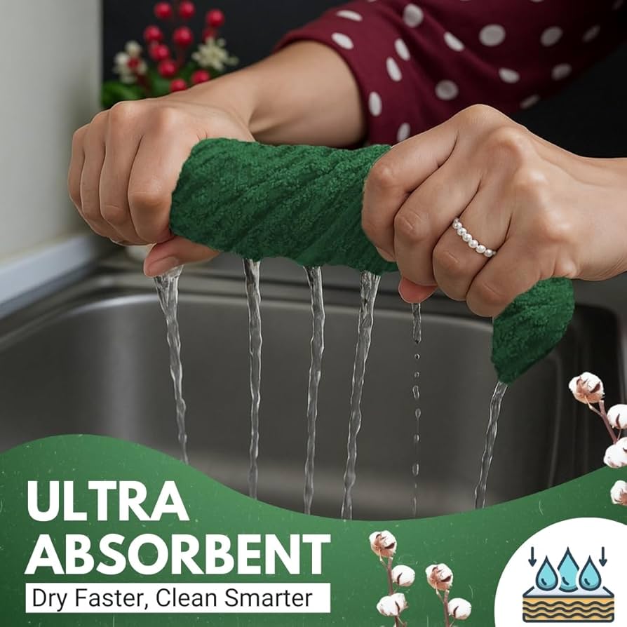 Infinitee Xclusives Premium Kitchen Towels - Pack of 6, 100% Cotton 40cm x 70cm Absorbent Dish Towels - 425 GSM Tea Towel, Terry Kitchen Dishcloth Towels - Green Dish Cloth for Household Cleaning — image 3