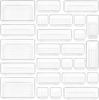 Vtopmart 25 PCS Clear Plastic Drawer Organiser Set, 4 Size Versatile Bathroom and Vanity Desk Organizer Trays for Makeup, Bedroom, Kitchen and Office
