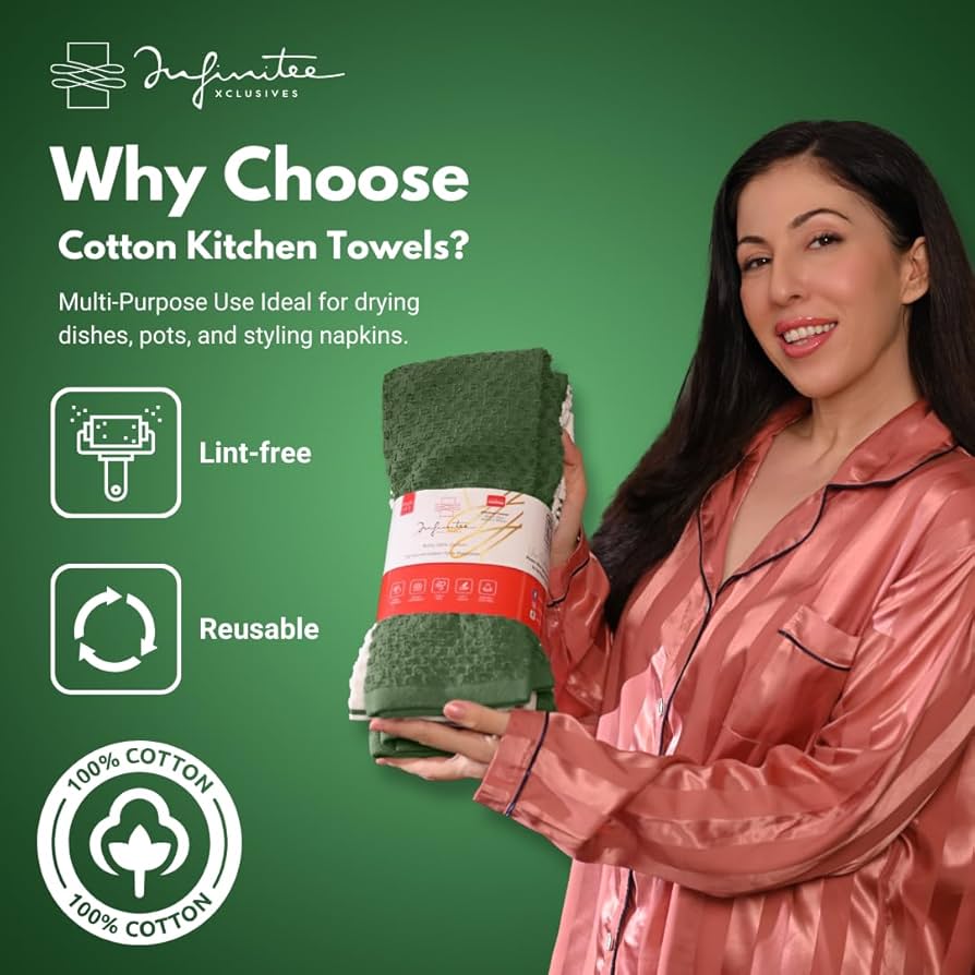 Infinitee Xclusives Premium Kitchen Towels - Pack of 6, 100% Cotton 40cm x 70cm Absorbent Dish Towels - 425 GSM Tea Towel, Terry Kitchen Dishcloth Towels - Green Dish Cloth for Household Cleaning — image 2