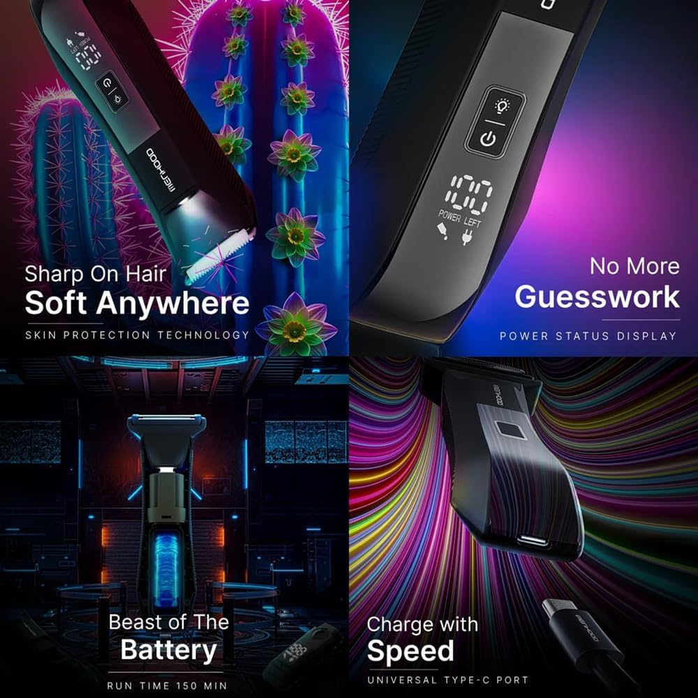 MENHOOD Balls and Body Grooming Trimmer 1.0 Pro for Men, IPX7 Waterproof, Wireless Charging with Type C Support & 150 Min Runtime, 4000K LED Light, Ceramic Blades for Below the Belt Grooming (Blue) — image 3