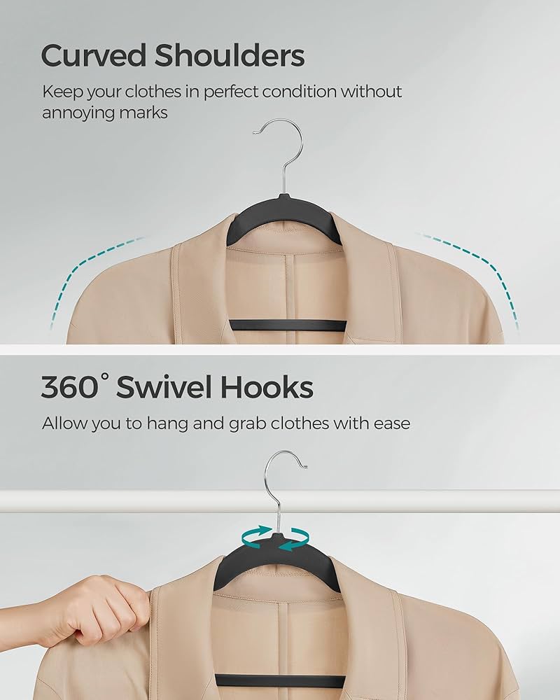 SONGMICS Velvet Hangers, Pack 50 Coat Hangers for Clothes, Non-Slip, with Shoulder Notches, Trouser Bar, 360° Swivel Hook, Space-Saving, 0.6 cm Thick, 43 cm Long, Classic Black CRF029B05 — image 7