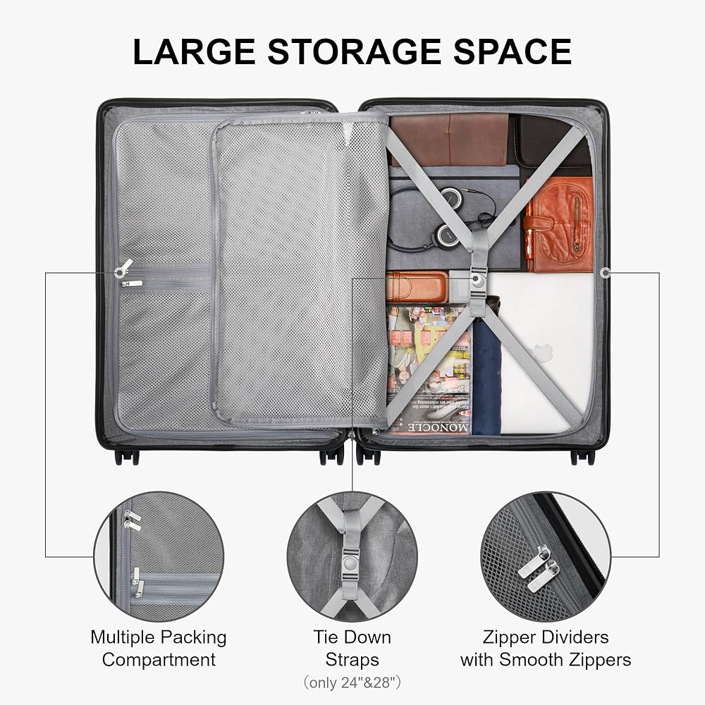 LEVEL8 Luggage Set of 3 Carry on Suitcase, Elegance Matt Design 100% PC Trolley Case TSA Approved Checked Luggage Lightweight with 8 Spinner Wheels(Black, 40L/65L/105L) — image 7