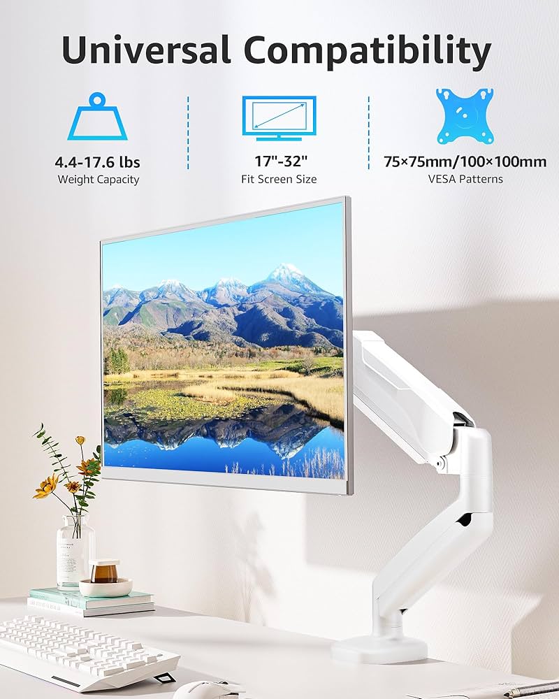 MOUNTUP Single Monitor Desk Mount, Adjustable Spring Monitor Arm, Support Max 32 Inch, 4.4-17.6lbs Screen, Computer Monitors Stand Holder with Clamp/Grommet Mounting Base, VESA Mount Bracket,White — image 3