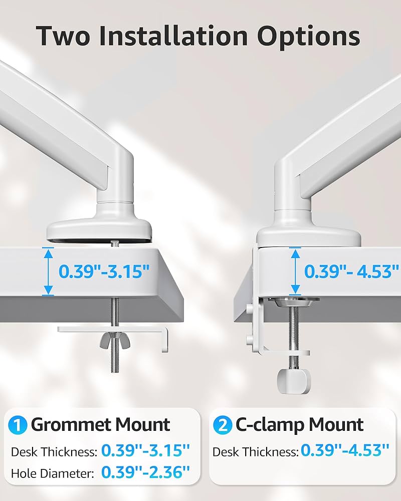 MOUNTUP Single Monitor Desk Mount, Adjustable Spring Monitor Arm, Support Max 32 Inch, 4.4-17.6lbs Screen, Computer Monitors Stand Holder with Clamp/Grommet Mounting Base, VESA Mount Bracket,White — image 6