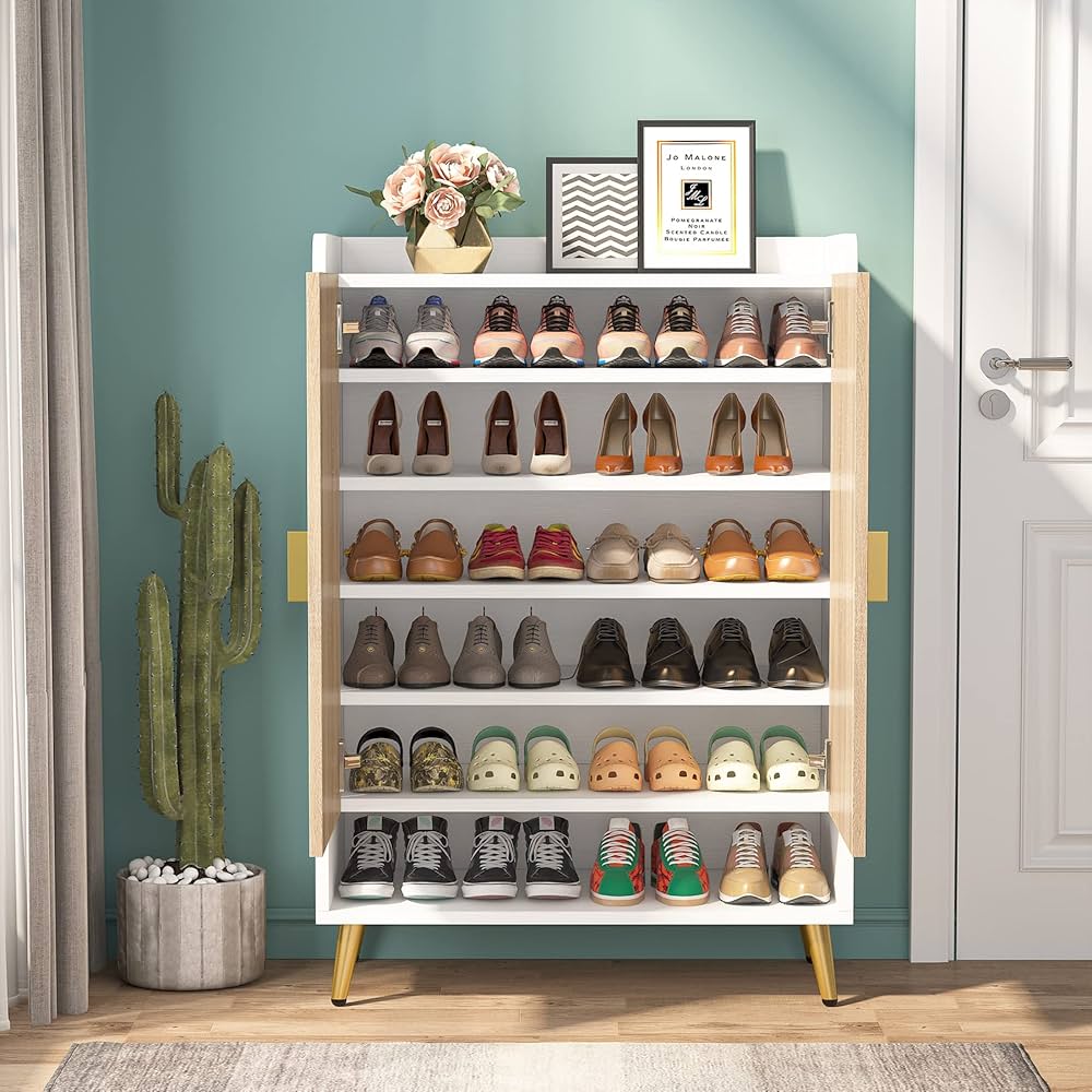 Tribesigns Shoe Cabinet with Doors, 7-Tier Shoe Storage Cabinet with Adjustable Shelves, Wooden Shoes Rack Shoe Storage Organizer for Entryway, Hallway, Closet, Living Room, Wood and Gold — image 5