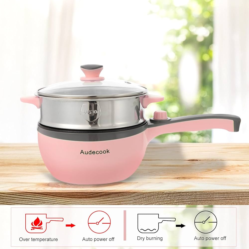 Audecook Electric Hot Pot with Steamer, 1.5L/20cm Multi-Functional Cooker Non-Stick Frying Pan Portable Electric Skillet for Dorm Office for Ramen, Steak, Sauté and Steam (C(pink/1.5L with steamer)) — image 4