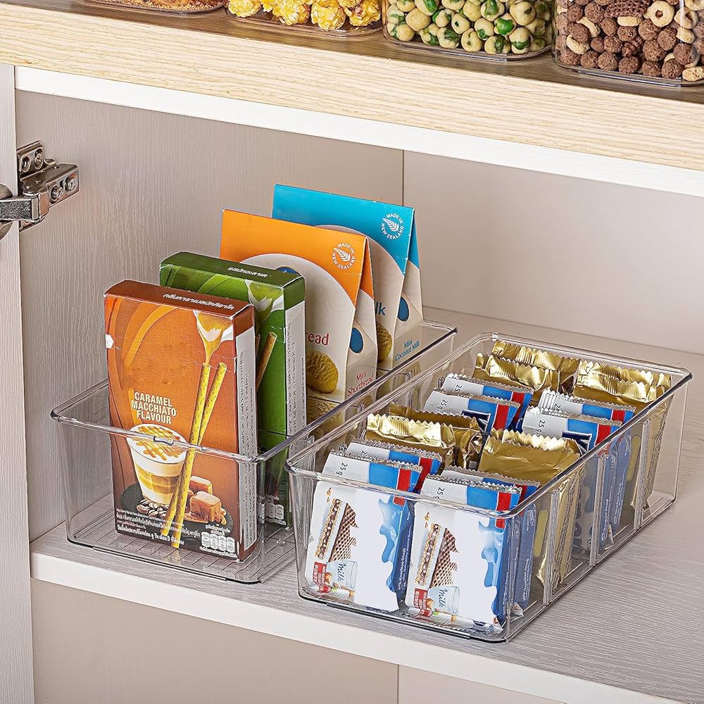Vtopmart 4PCS Clear Plastic Pantry Organizer with Dividers, for Pantry, Kitchen, Refrigerator, Cabinets, Snacks, Pouches — image 7