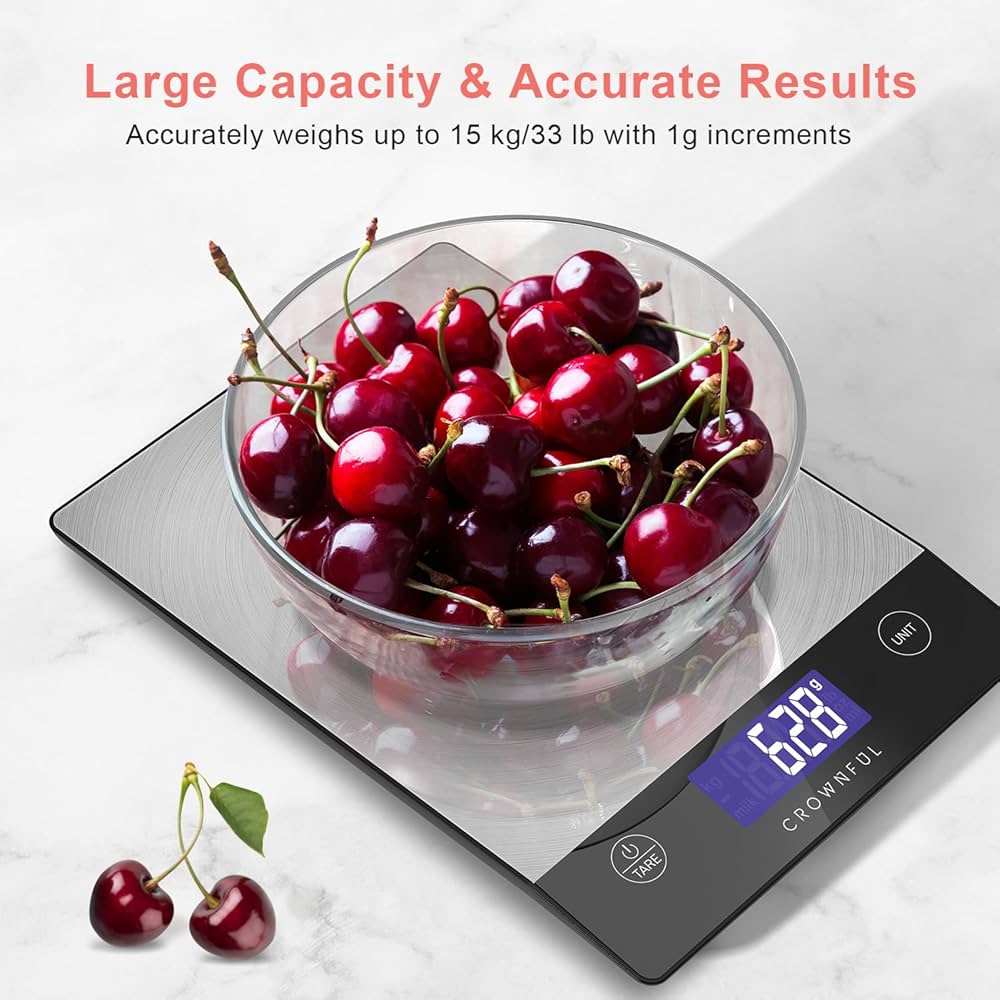 CROWNFUL 15Kg Food Scale, Rechargeable 304 Stainless Steel Digital Kitchen Scale Grams and Ounces with LCD Display and Type-C Charging for Baking and Cooking — image 3