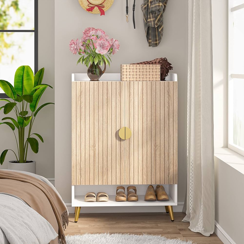 Tribesigns Shoe Cabinet with Doors, 7-Tier Shoe Storage Cabinet with Adjustable Shelves, Wooden Shoes Rack Shoe Storage Organizer for Entryway, Hallway, Closet, Living Room, Wood and Gold — image 3