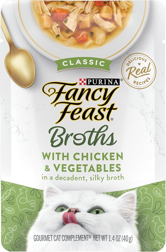 Purina Fancy Feast Broths Chicken and Vegetables in a Decadent Silky Broth, 40 gm (Pack of 16)