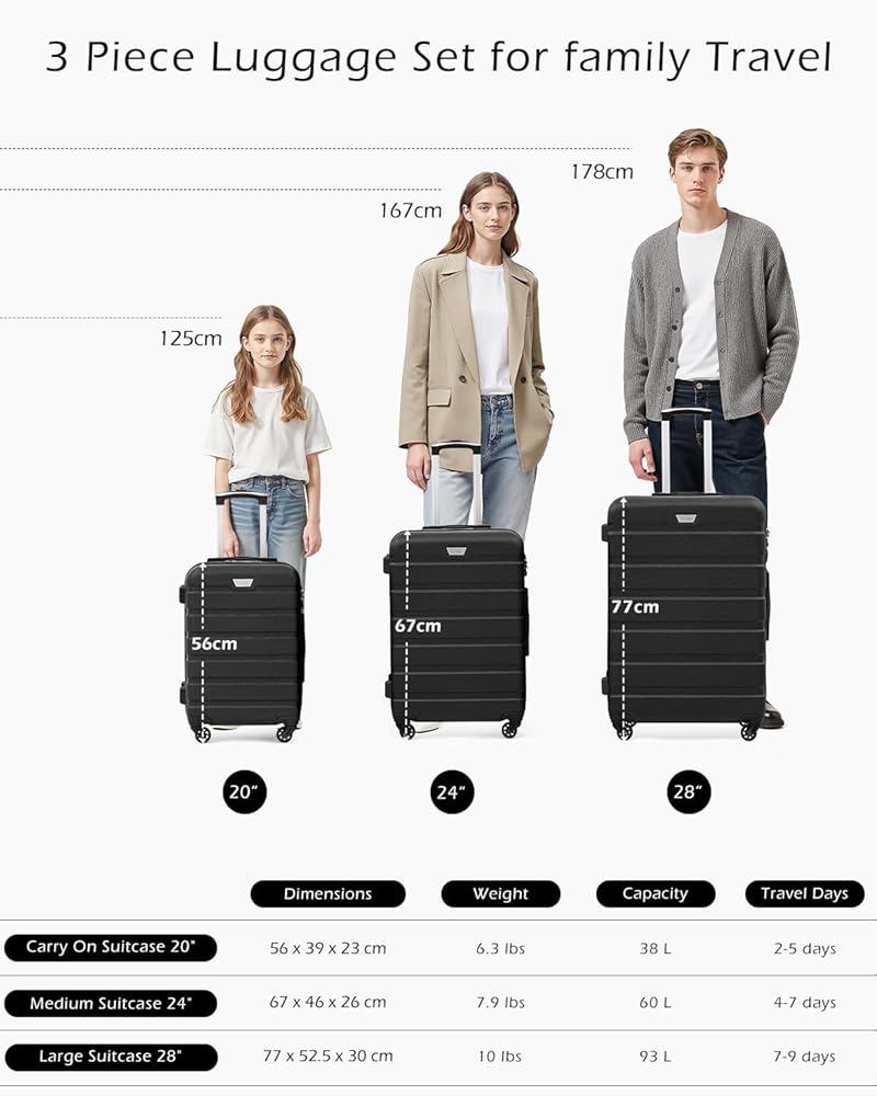 COOLIFE Carry on Luggage Travel Gear Trolley Bag ABS Lightweight Hard Shell Suitcase with TSA lock and Durable 4 Spinner Wheels (Black, S(20 inch)) — image 4