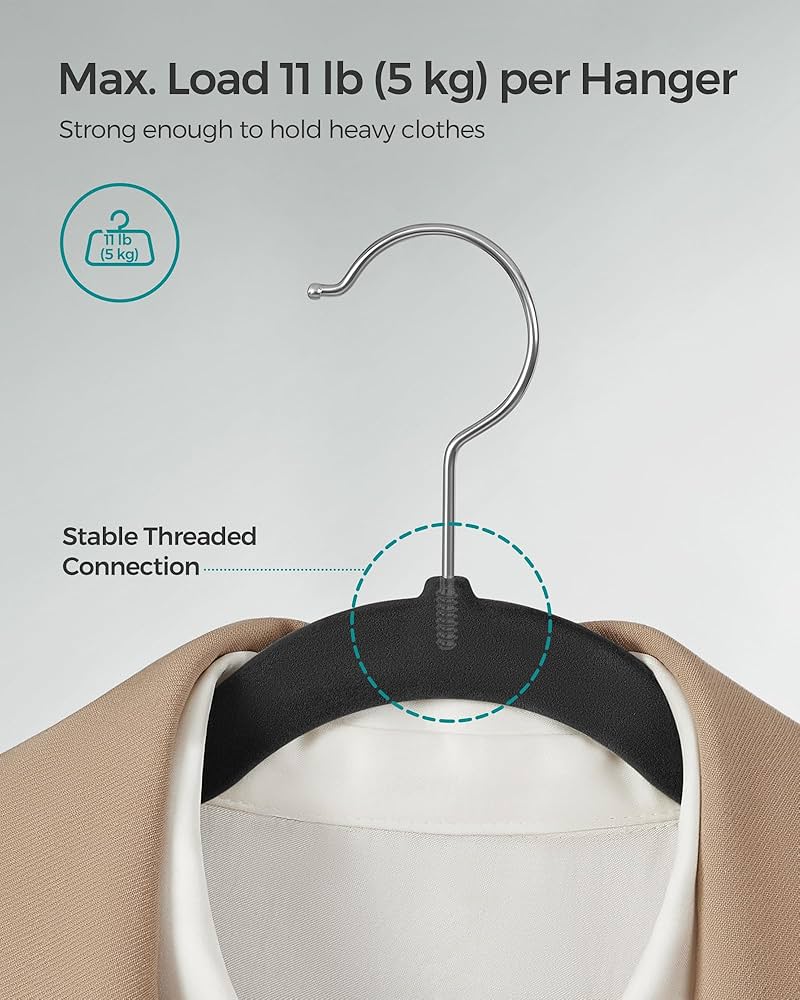 SONGMICS Velvet Hangers, Pack 50 Coat Hangers for Clothes, Non-Slip, with Shoulder Notches, Trouser Bar, 360° Swivel Hook, Space-Saving, 0.6 cm Thick, 43 cm Long, Classic Black CRF029B05 — image 6