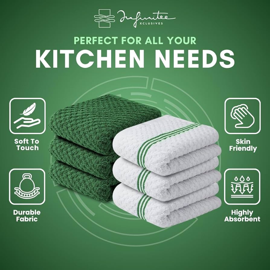 Infinitee Xclusives Premium Kitchen Towels - Pack of 6, 100% Cotton 40cm x 70cm Absorbent Dish Towels - 425 GSM Tea Towel, Terry Kitchen Dishcloth Towels - Green Dish Cloth for Household Cleaning — image 6