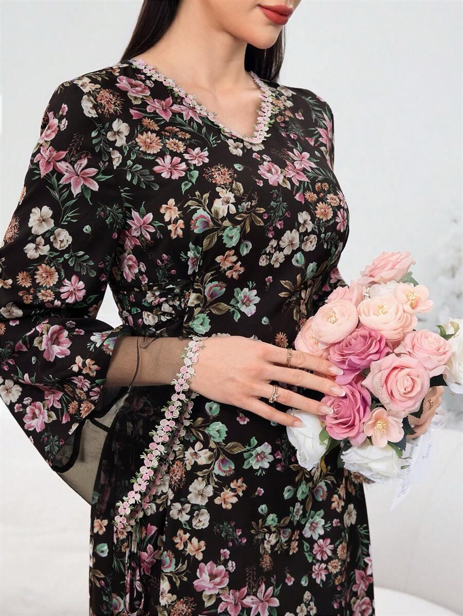 Al Najma Women's Elegant Ditsy Floral Mesh Panel Turkish & Arabian Traditional Maxi Dress, Kaftan & Jalabiya,Modest