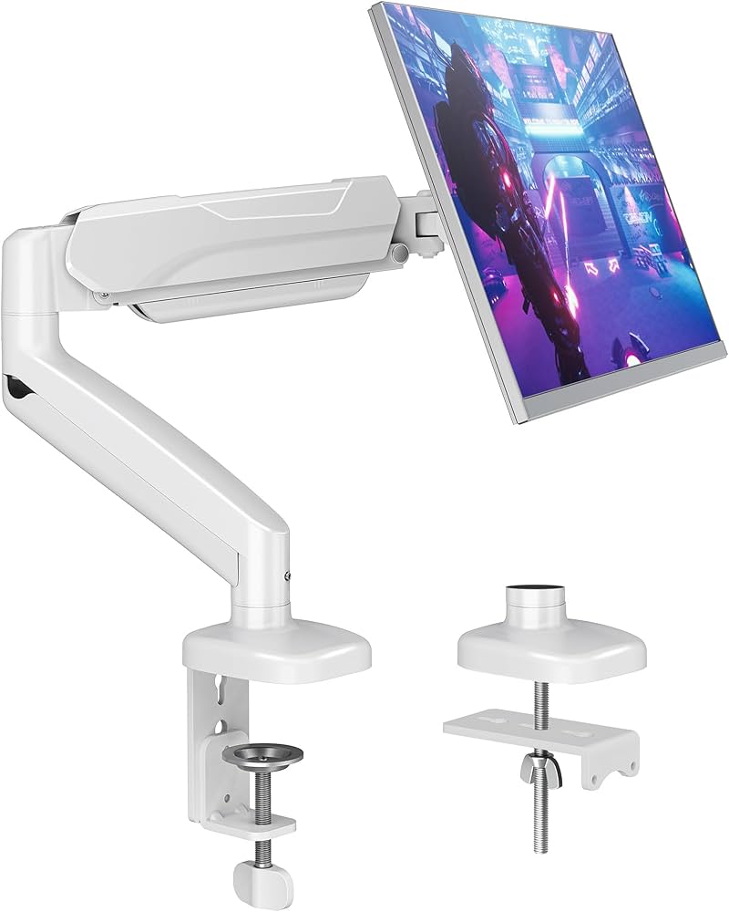 MOUNTUP Single Monitor Desk Mount, Adjustable Spring Monitor Arm, Support Max 32 Inch, 4.4-17.6lbs Screen, Computer Monitors Stand Holder with Clamp/Grommet Mounting Base, VESA Mount Bracket,White