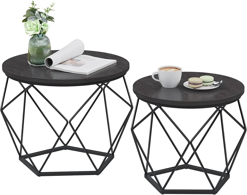 VASAGLE Round Coffee Table, Set of 2, Side Table, Sofa End Table, Modern Style, Removable Top, Steel Frame, for Living Room, Black LET040B22