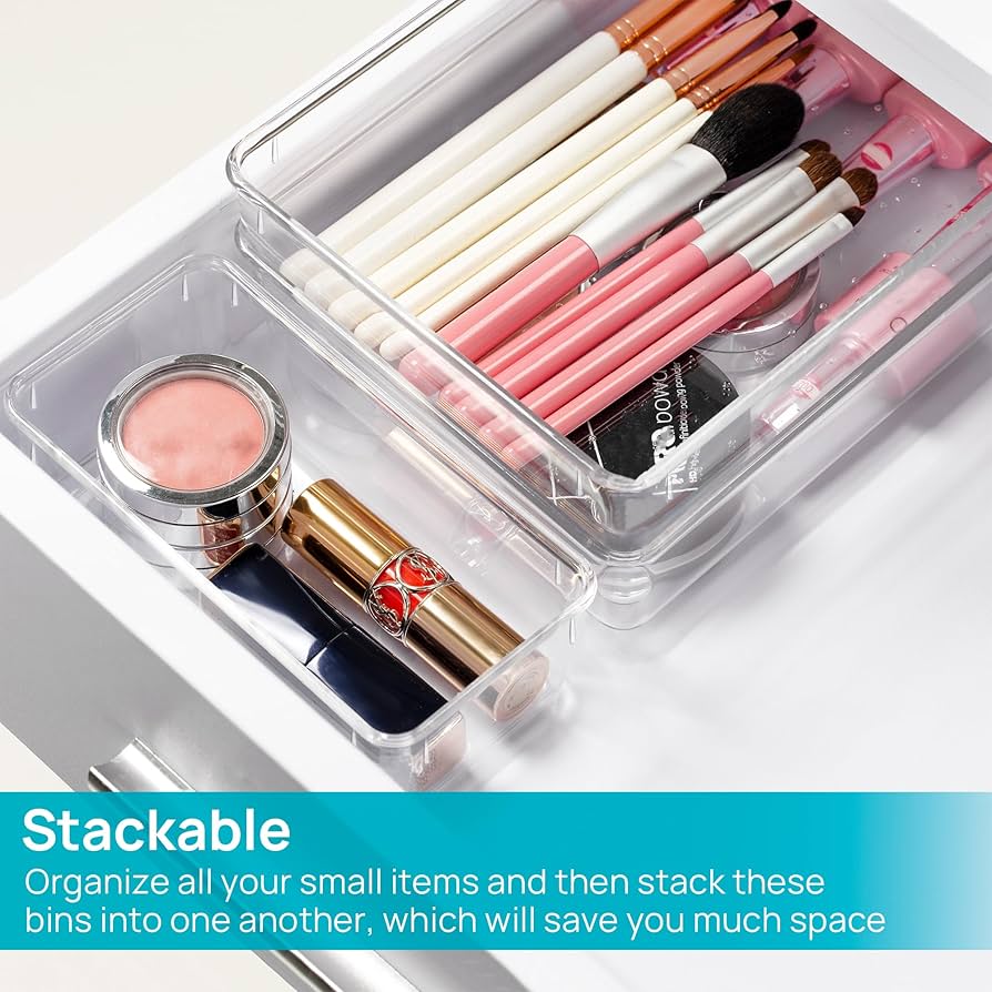 Vtopmart 25 PCS Clear Plastic Drawer Organiser Set, 4 Size Versatile Bathroom and Vanity Desk Organizer Trays for Makeup, Bedroom, Kitchen and Office — image 7