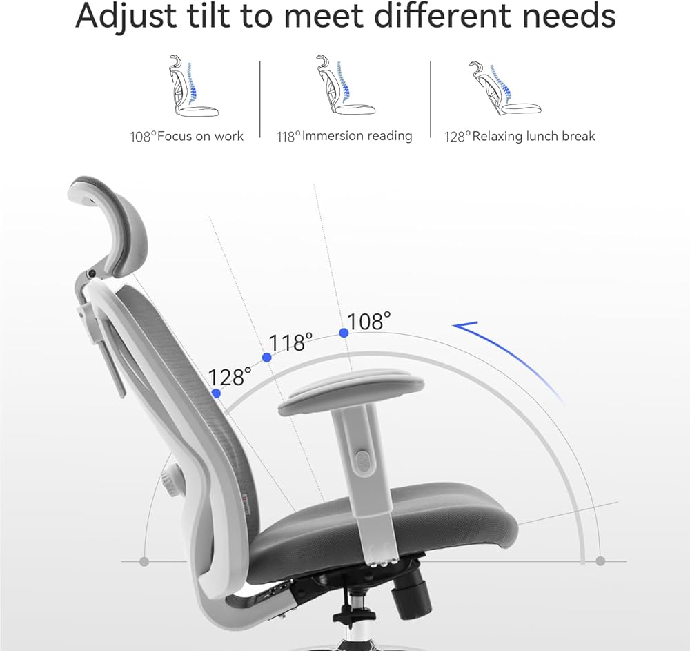SIHOO M18 Ergonomic Office Chair, Computer High Back Desk Chair with 2D Armrest, Adjustable Headrest, Lumbar Support and Comfortable Thick Cushion.(Grey Mesh White Frame)… — image 6