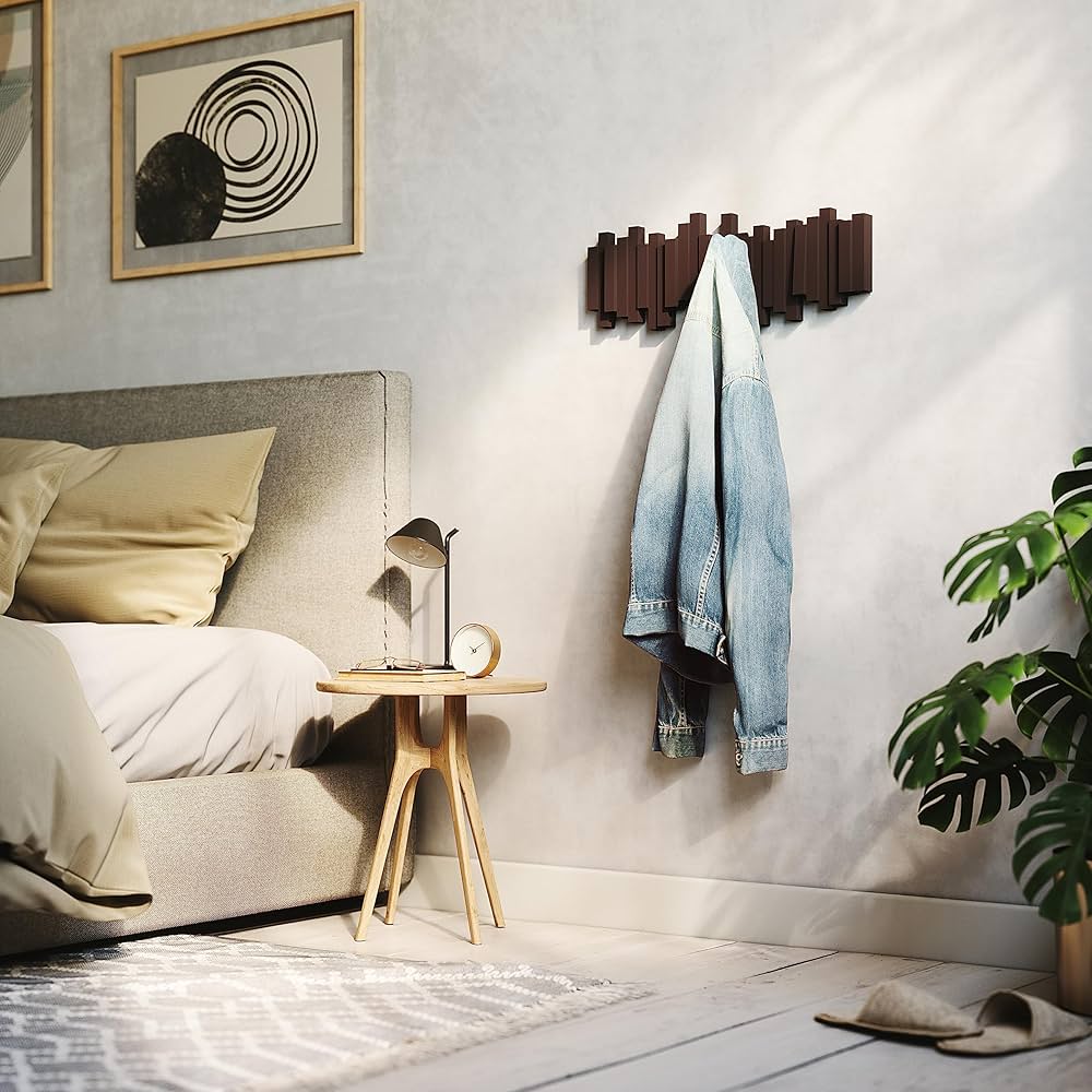 Umbra Sticks Multi Hook Coat Rack - Modern, Unique, Space-Saving Coat Hanger with 5 Flip-Down Hooks for Hanging Coats, Scarfs, Purses and More, Espresso — image 9