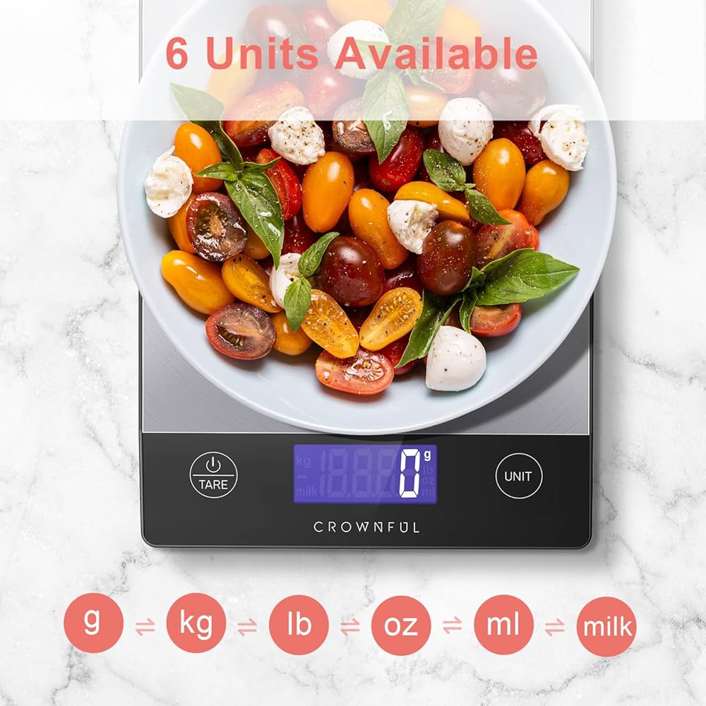 CROWNFUL 15Kg Food Scale, Rechargeable 304 Stainless Steel Digital Kitchen Scale Grams and Ounces with LCD Display and Type-C Charging for Baking and Cooking — image 5