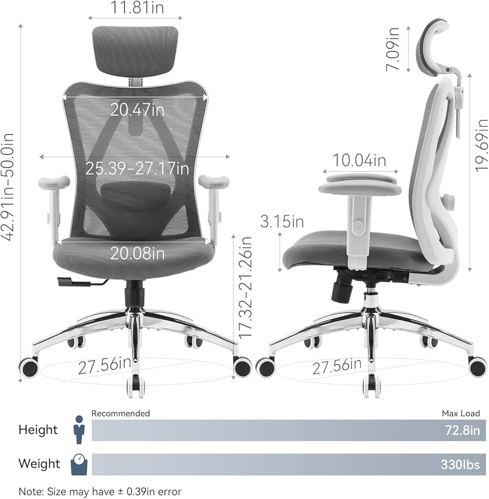 SIHOO M18 Ergonomic Office Chair, Computer High Back Desk Chair with 2D Armrest, Adjustable Headrest, Lumbar Support and Comfortable Thick Cushion.(Grey Mesh White Frame)… — image 3