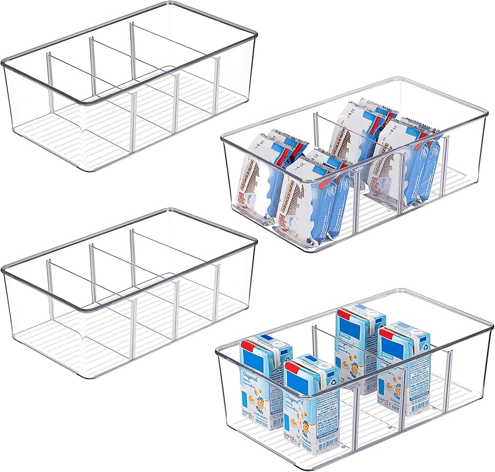 Vtopmart 4PCS Clear Plastic Pantry Organizer with Dividers, for Pantry, Kitchen, Refrigerator, Cabinets, Snacks, Pouches