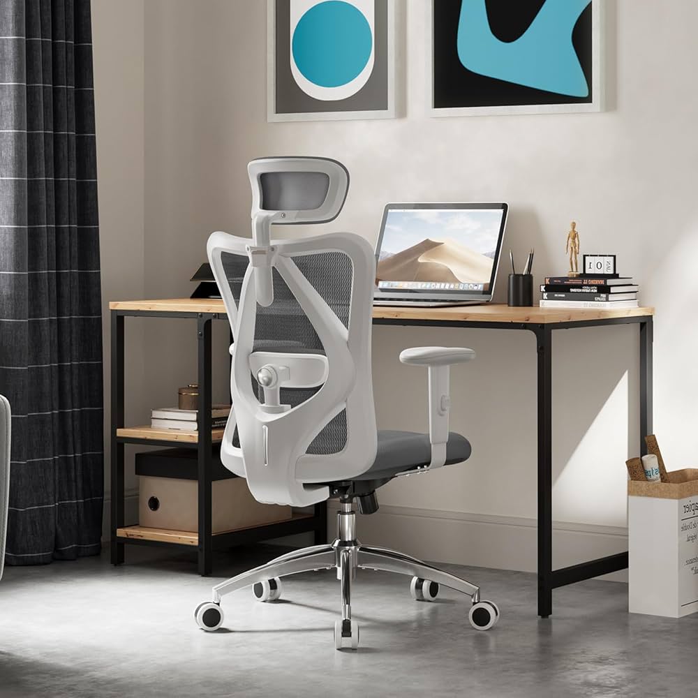SIHOO M18 Ergonomic Office Chair, Computer High Back Desk Chair with 2D Armrest, Adjustable Headrest, Lumbar Support and Comfortable Thick Cushion.(Grey Mesh White Frame)… — image 2