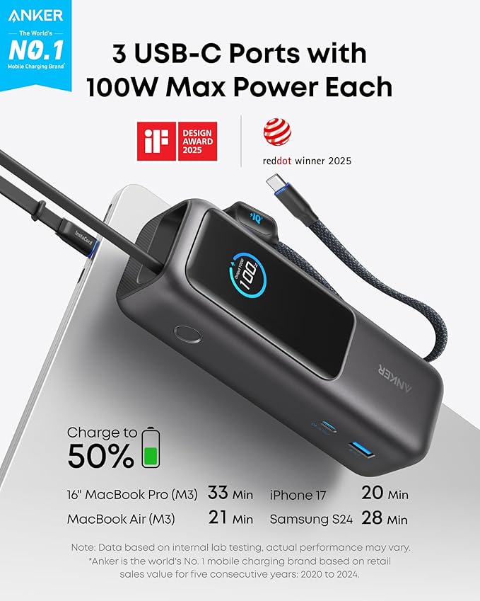 Anker Power Bank, 25,000mAh 165W Ultra-Fast Portable Charger for Dual Laptops, Fast Charging Battery Pack with Built-In and Retractable Cables, For iPhone 17/16 Series, Samsung, and More — image 3