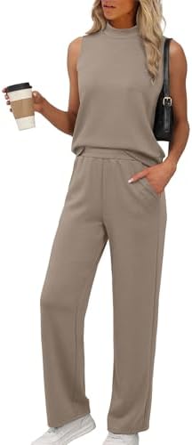 XIEERDUO Two Piece Sets for Women Summer Outfits Travel Mock Neck Lounge Sets Wide Leg Pants Beach Vacation Clothes