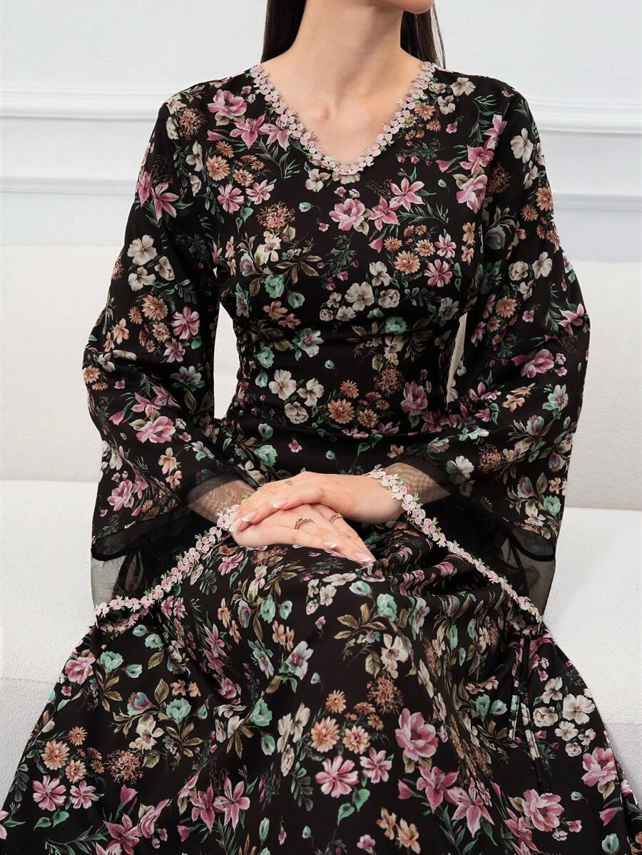 Al Najma Women's Elegant Ditsy Floral Mesh Panel Turkish & Arabian Traditional Maxi Dress, Kaftan & Jalabiya,Modest — image 4