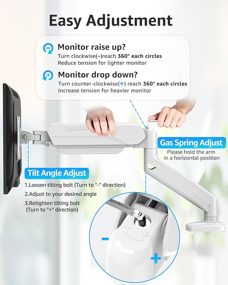 MOUNTUP Single Monitor Desk Mount, Adjustable Spring Monitor Arm, Support Max 32 Inch, 4.4-17.6lbs Screen, Computer Monitors Stand Holder with Clamp/Grommet Mounting Base, VESA Mount Bracket,White — image 2