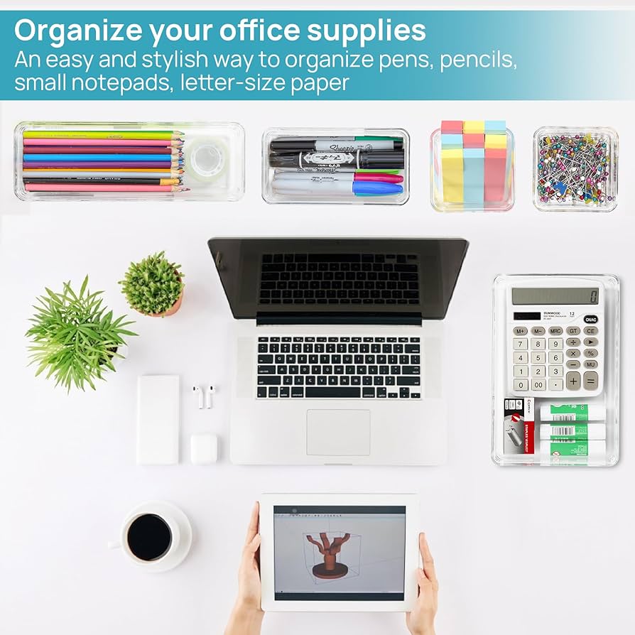 Vtopmart 25 PCS Clear Plastic Drawer Organiser Set, 4 Size Versatile Bathroom and Vanity Desk Organizer Trays for Makeup, Bedroom, Kitchen and Office — image 8