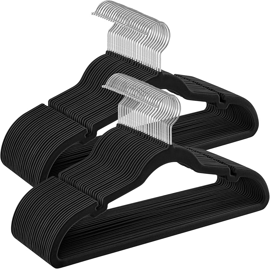 SONGMICS Velvet Hangers, Pack 50 Coat Hangers for Clothes, Non-Slip, with Shoulder Notches, Trouser Bar, 360° Swivel Hook, Space-Saving, 0.6 cm Thick, 43 cm Long, Classic Black CRF029B05