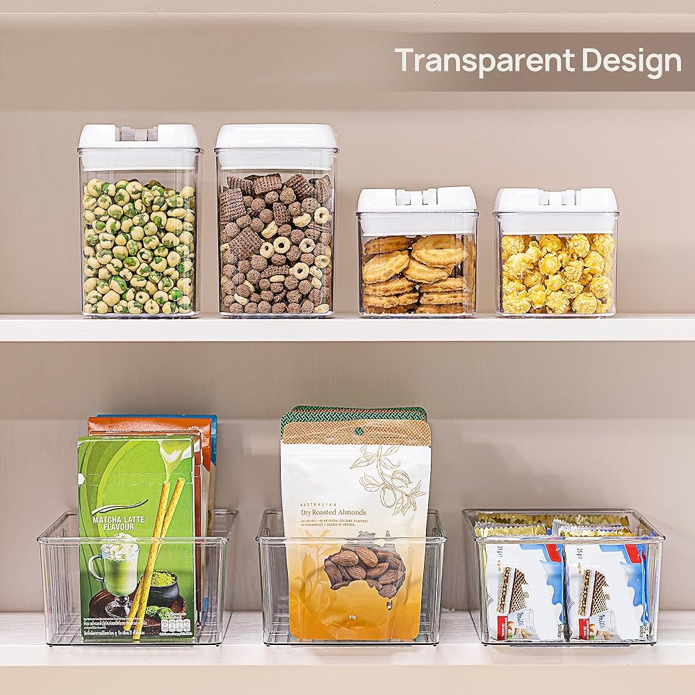 Vtopmart 4PCS Clear Plastic Pantry Organizer with Dividers, for Pantry, Kitchen, Refrigerator, Cabinets, Snacks, Pouches — image 4