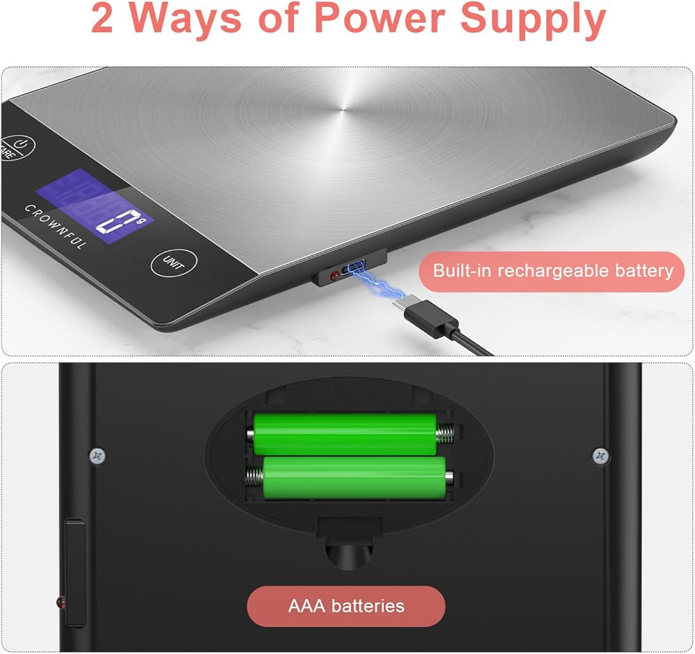 CROWNFUL 15Kg Food Scale, Rechargeable 304 Stainless Steel Digital Kitchen Scale Grams and Ounces with LCD Display and Type-C Charging for Baking and Cooking — image 4