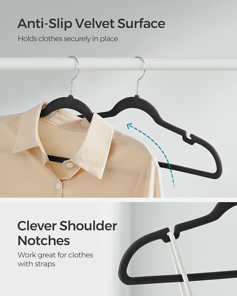 SONGMICS Velvet Hangers, Pack 50 Coat Hangers for Clothes, Non-Slip, with Shoulder Notches, Trouser Bar, 360° Swivel Hook, Space-Saving, 0.6 cm Thick, 43 cm Long, Classic Black CRF029B05 — image 3