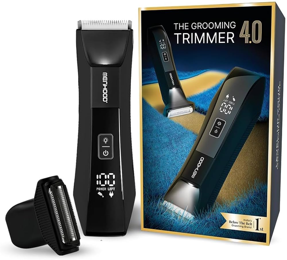 MENHOOD Balls and Body Grooming Trimmer 1.0 Pro for Men, IPX7 Waterproof, Wireless Charging with Type C Support & 150 Min Runtime, 4000K LED Light, Ceramic Blades for Below the Belt Grooming (Blue)