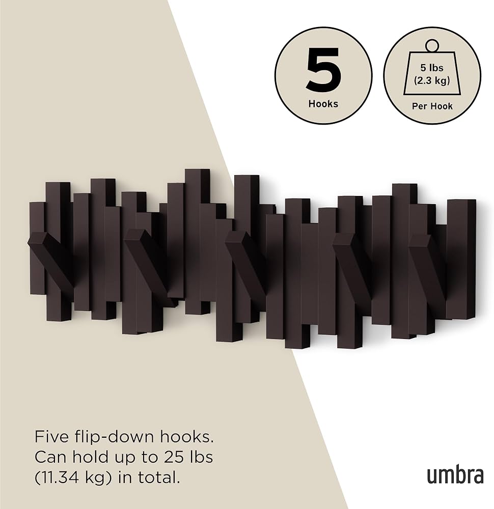 Umbra Sticks Multi Hook Coat Rack - Modern, Unique, Space-Saving Coat Hanger with 5 Flip-Down Hooks for Hanging Coats, Scarfs, Purses and More, Espresso — image 5