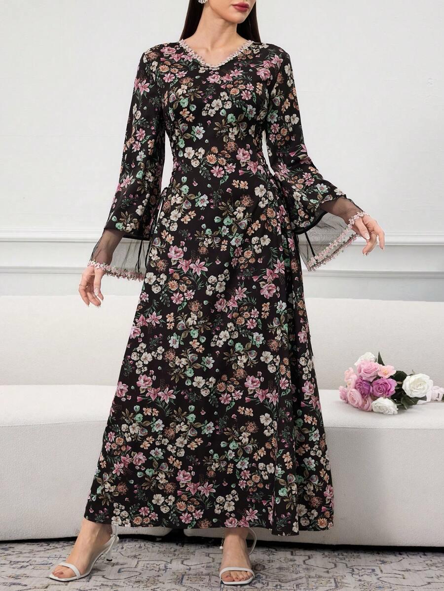 Al Najma Women's Elegant Ditsy Floral Mesh Panel Turkish & Arabian Traditional Maxi Dress, Kaftan & Jalabiya,Modest — image 3