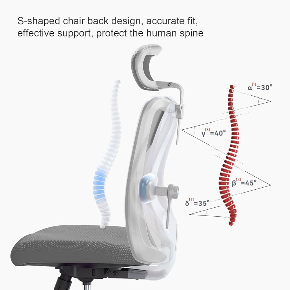 SIHOO M18 Ergonomic Office Chair, Computer High Back Desk Chair with 2D Armrest, Adjustable Headrest, Lumbar Support and Comfortable Thick Cushion.(Grey Mesh White Frame)… — image 7