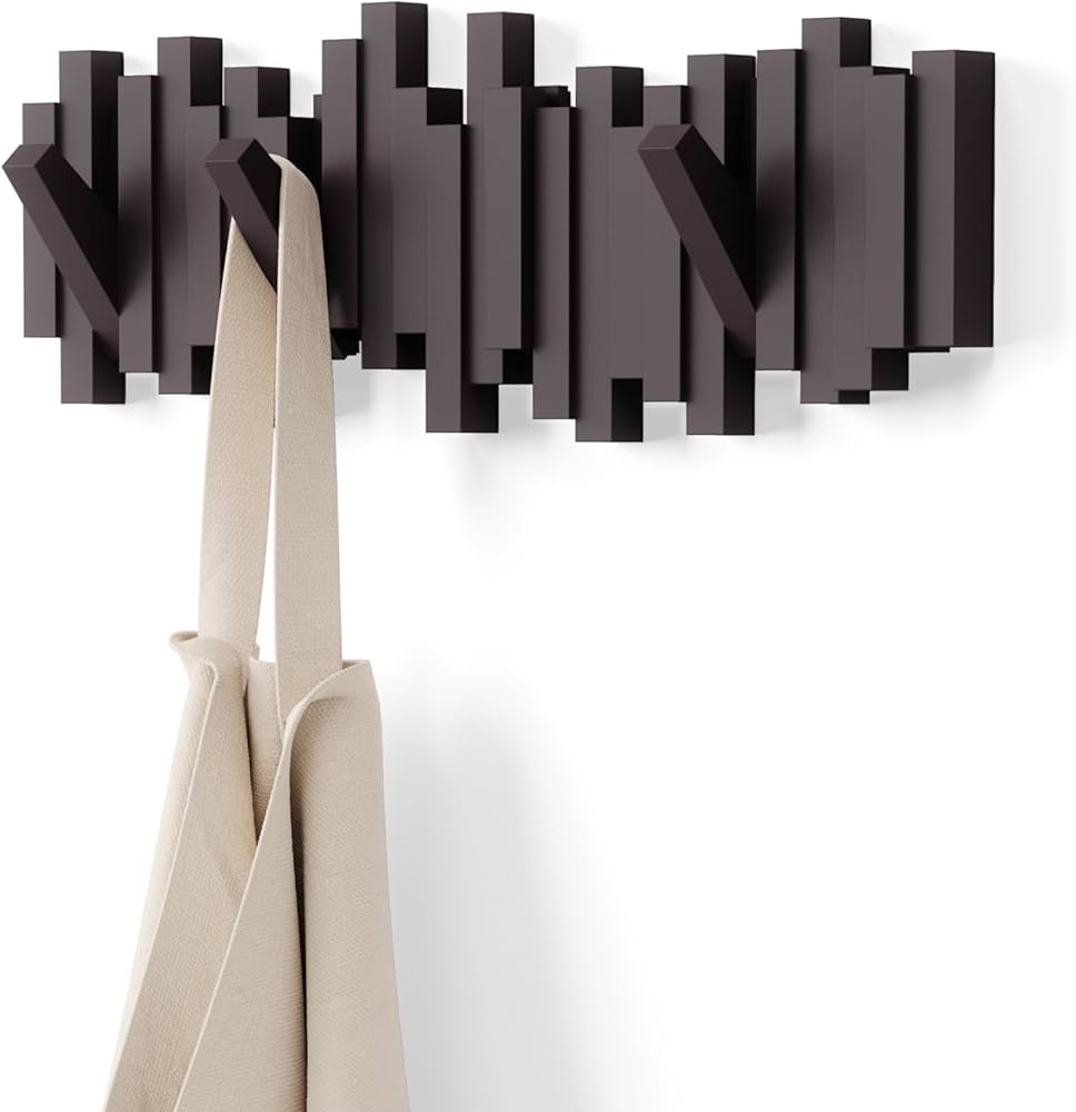 Umbra Sticks Multi Hook Coat Rack - Modern, Unique, Space-Saving Coat Hanger with 5 Flip-Down Hooks for Hanging Coats, Scarfs, Purses and More, Espresso