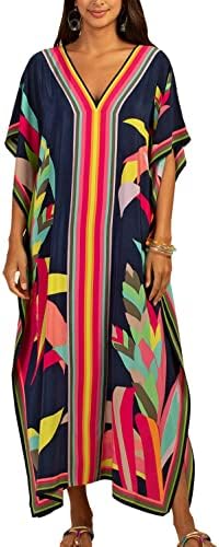 Women's Long Kaftan Maxi Dress Boho Swimsuit Beach Cover Up Robes One Size Loungewear