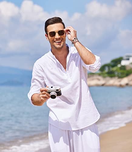 COOFANDY Men's Cotton Linen Henley Shirt Long Sleeve Hippie Casual Beach T Shirts Army Green — image 3