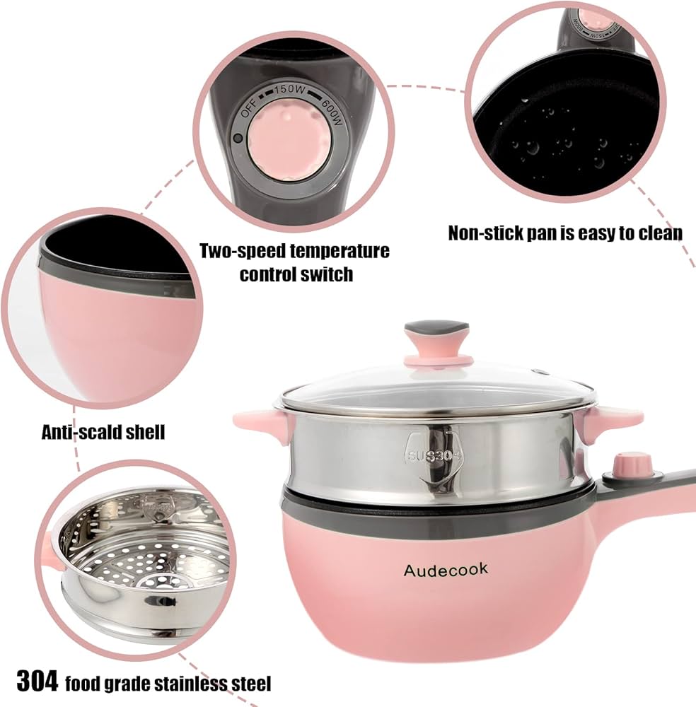 Audecook Electric Hot Pot with Steamer, 1.5L/20cm Multi-Functional Cooker Non-Stick Frying Pan Portable Electric Skillet for Dorm Office for Ramen, Steak, Sauté and Steam (C(pink/1.5L with steamer)) — image 3