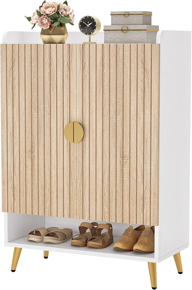 Tribesigns Shoe Cabinet with Doors, 7-Tier Shoe Storage Cabinet with Adjustable Shelves, Wooden Shoes Rack Shoe Storage Organizer for Entryway, Hallway, Closet, Living Room, Wood and Gold — image 10