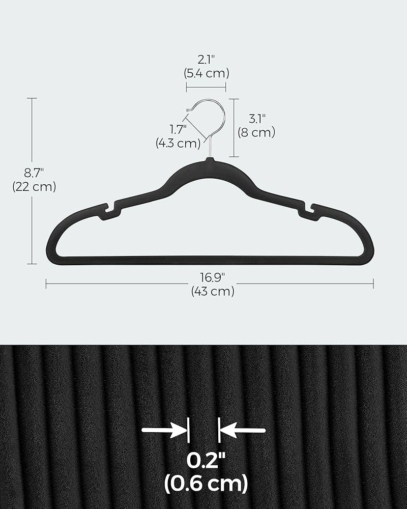 SONGMICS Velvet Hangers, Pack 50 Coat Hangers for Clothes, Non-Slip, with Shoulder Notches, Trouser Bar, 360° Swivel Hook, Space-Saving, 0.6 cm Thick, 43 cm Long, Classic Black CRF029B05 — image 5