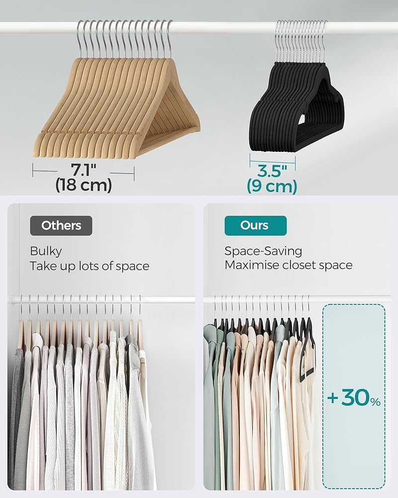 SONGMICS Velvet Hangers, Pack 50 Coat Hangers for Clothes, Non-Slip, with Shoulder Notches, Trouser Bar, 360° Swivel Hook, Space-Saving, 0.6 cm Thick, 43 cm Long, Classic Black CRF029B05 — image 4